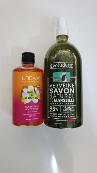 Urban Care Summer Edition Monoi Oil & Ylang Ylang Refreshing Body Wash Evoluderm Verveine Savon Natural De Marseiller Soap for Body and Hands 1500 ml